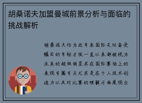 胡桑诺夫加盟曼城前景分析与面临的挑战解析 胡桑诺夫加盟曼城前景分析与面临的挑战解析