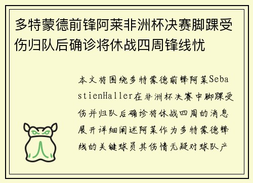 多特蒙德前锋阿莱非洲杯决赛脚踝受伤归队后确诊将休战四周锋线忧