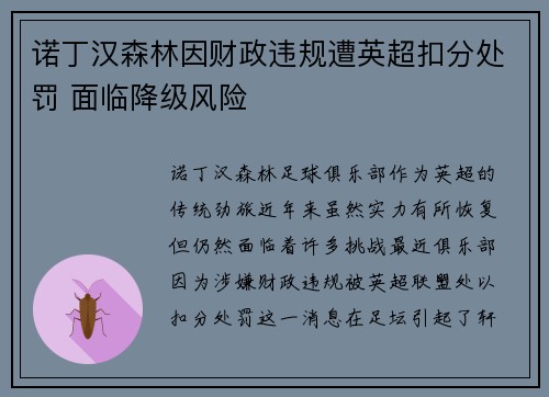 诺丁汉森林因财政违规遭英超扣分处罚 面临降级风险 诺丁汉森林因财政违规遭英超扣分处罚 面临降级风险